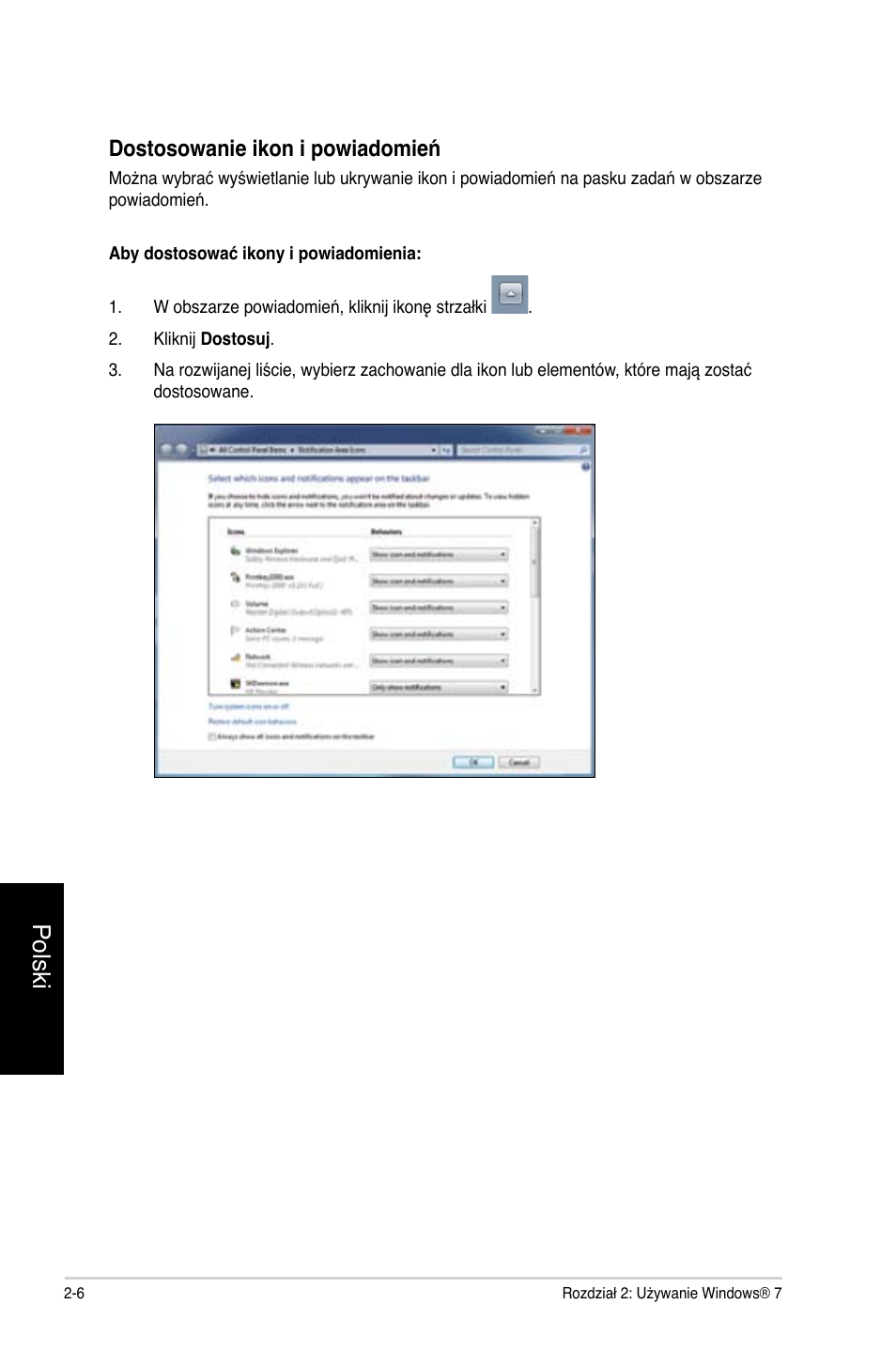 Polski, Dostosowanie ikon i powiadomień | Asus CG8250 User Manual | Page 344 / 404