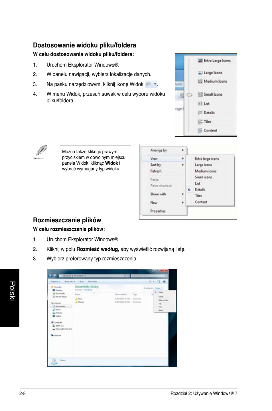 Polski, Dostosowanie widoku pliku/foldera, Rozmieszczanie plików | Asus CG8250 User Manual | Page 346 / 404