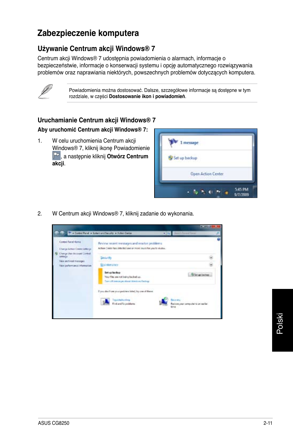 Zabezpieczenie komputera, Polski, Używanie centrum akcji windows® 7 | Asus CG8250 User Manual | Page 349 / 404