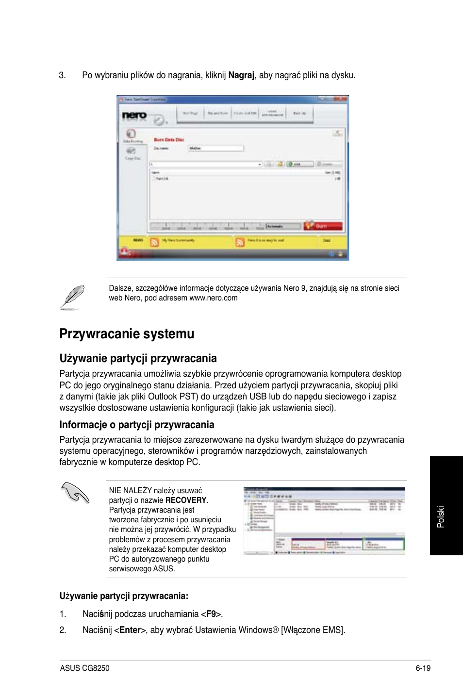 Przywracanie systemu, Używanie partycji przywracania | Asus CG8250 User Manual | Page 395 / 404