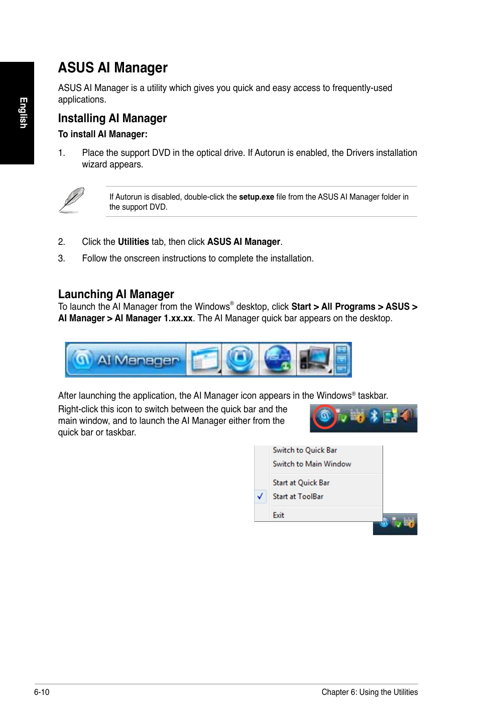 Asus ai manager, Asus ai manager -10, Installing ai manager | Launching ai manager | Asus CG8250 User Manual | Page 62 / 404