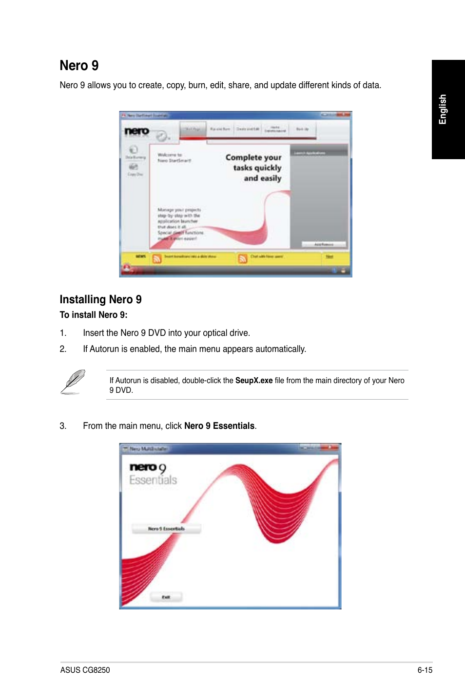 Nero 9, Nero 9 -15, Installing nero 9 | Asus CG8250 User Manual | Page 67 / 404