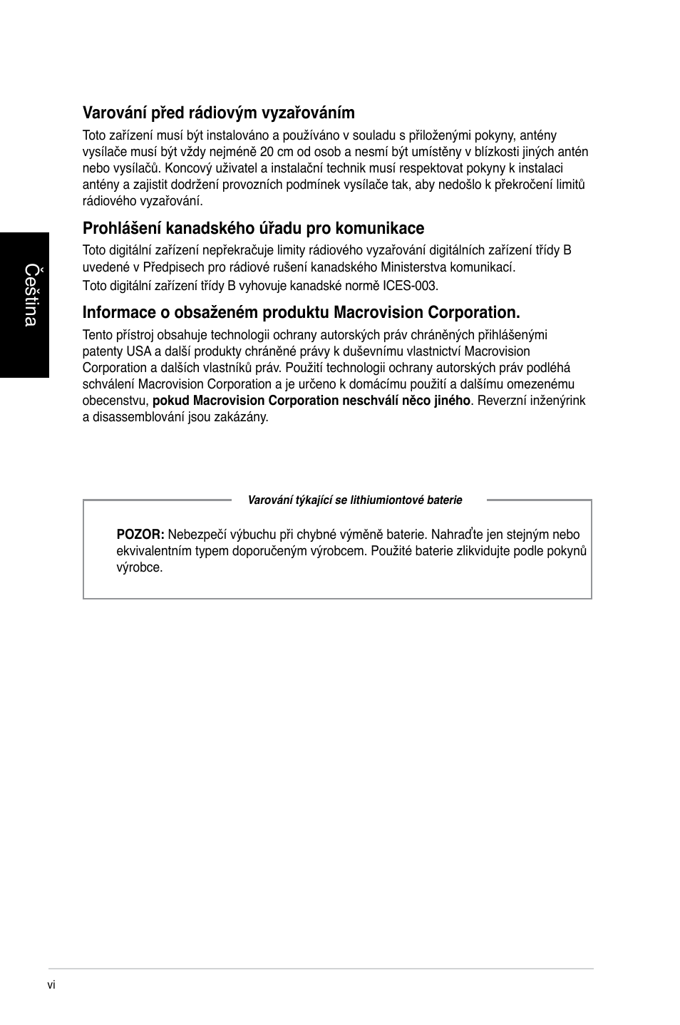 Čeština, Varování před rádiovým vyzařováním, Prohlášení kanadského úřadu pro komunikace | Asus CG8250 User Manual | Page 86 / 404