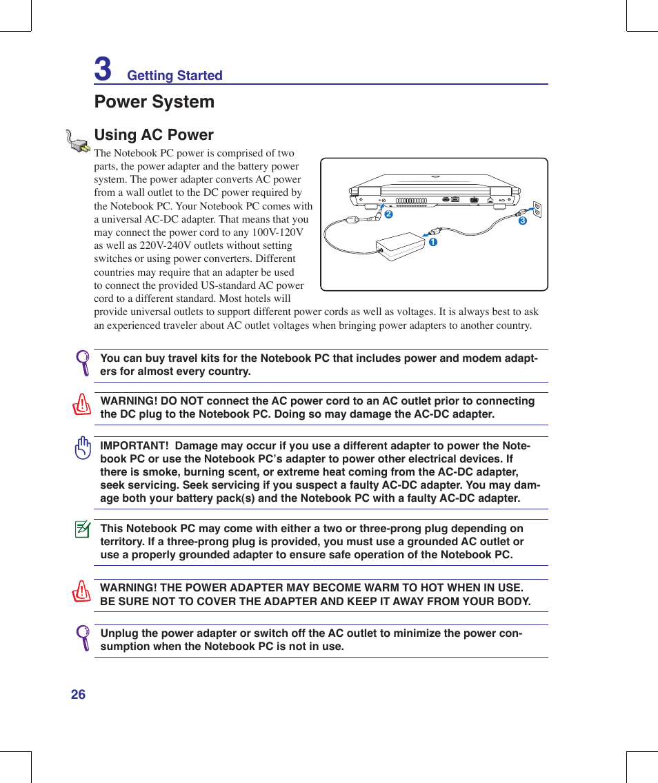 Power system, Using ac power | Asus G71V User Manual | Page 26 / 97