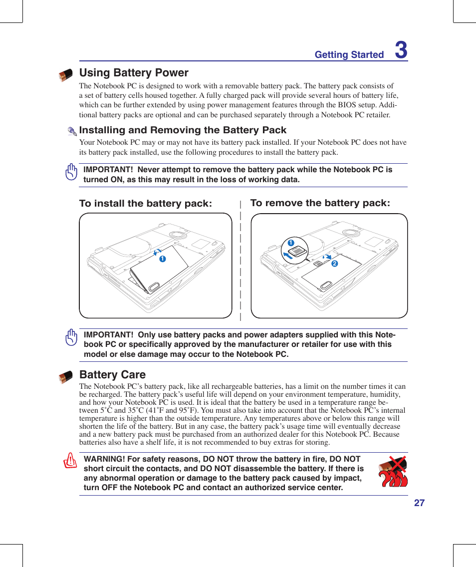 Using battery power, Battery care | Asus G71V User Manual | Page 27 / 97