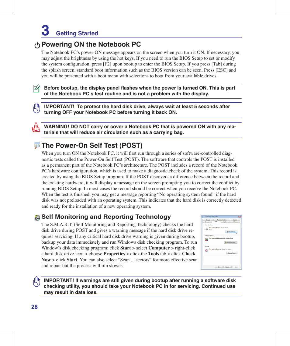 Powering on the notebook pc, The power-on self test (post) | Asus G71V User Manual | Page 28 / 97