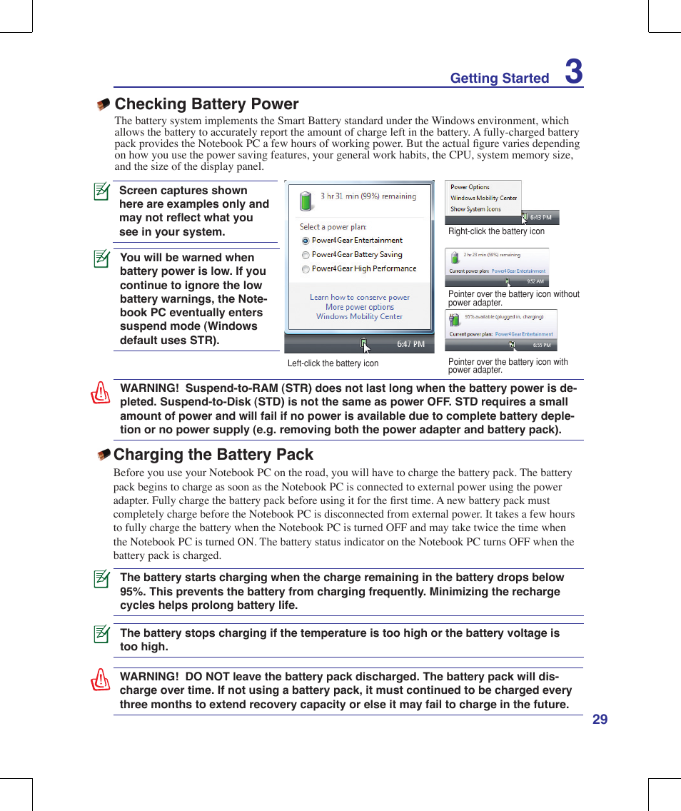 Checking battery power, Charging the battery pack | Asus G71V User Manual | Page 29 / 97