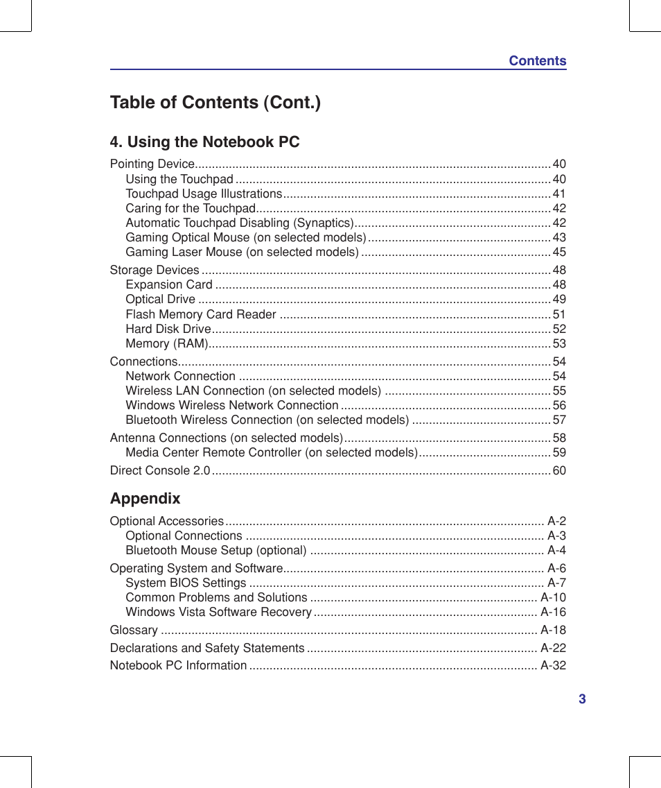 Table of contents (cont.), Appendix | Asus G71V User Manual | Page 3 / 97