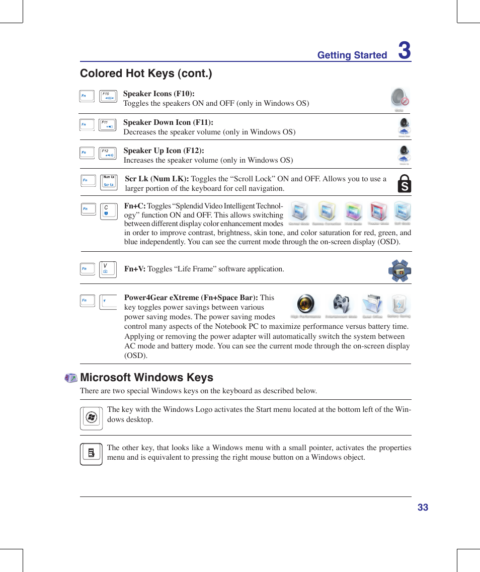 Microsoft windows keys, Colored hot keys (cont.) | Asus G71V User Manual | Page 33 / 97