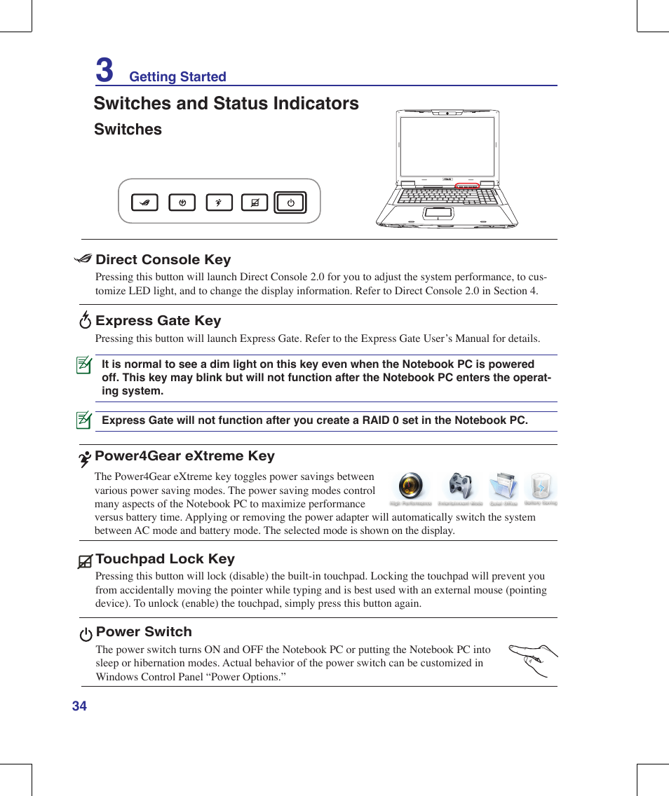 Switches and status indicators, Switches | Asus G71V User Manual | Page 34 / 97