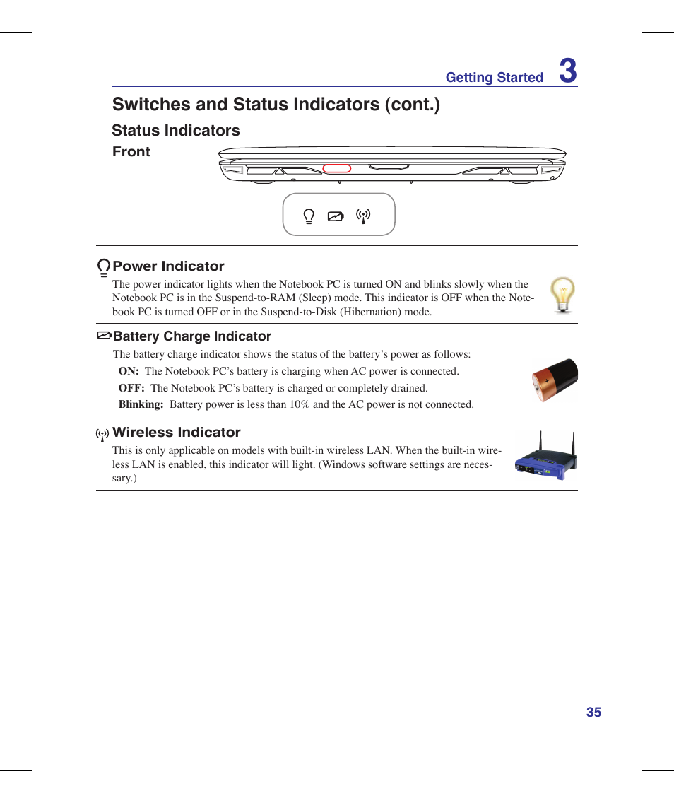 Status indicators, Switches and status indicators (cont.) | Asus G71V User Manual | Page 35 / 97