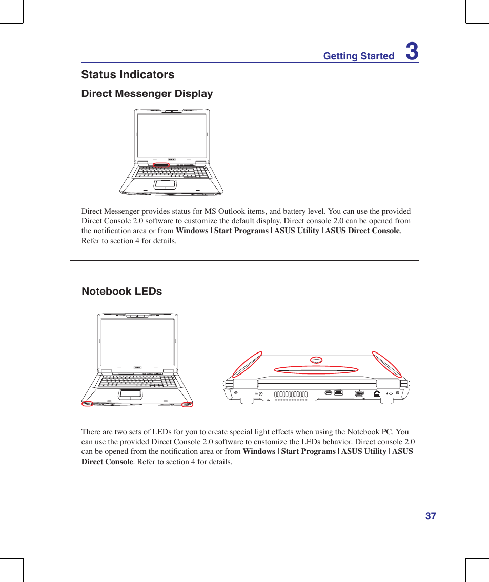 Status indicators, 3 getting started, Direct messenger display | Asus G71V User Manual | Page 37 / 97