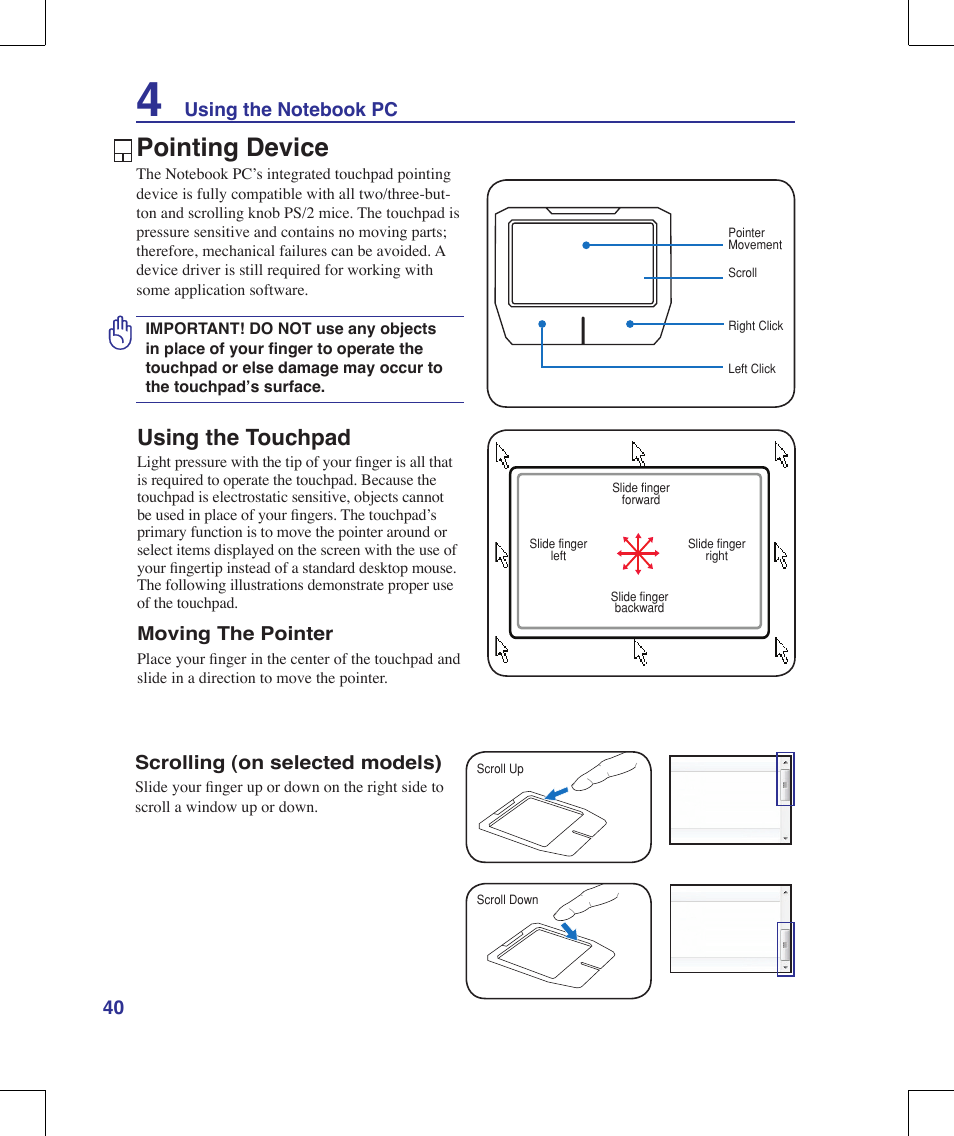 Pointing device, Using the touchpad | Asus G71V User Manual | Page 40 / 97