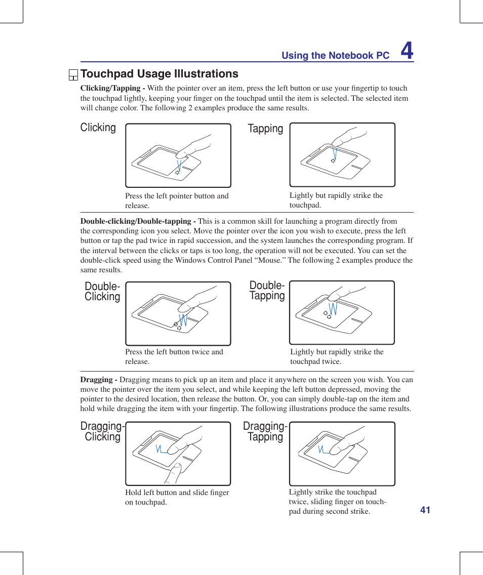 Touchpad usage illustrations | Asus G71V User Manual | Page 41 / 97