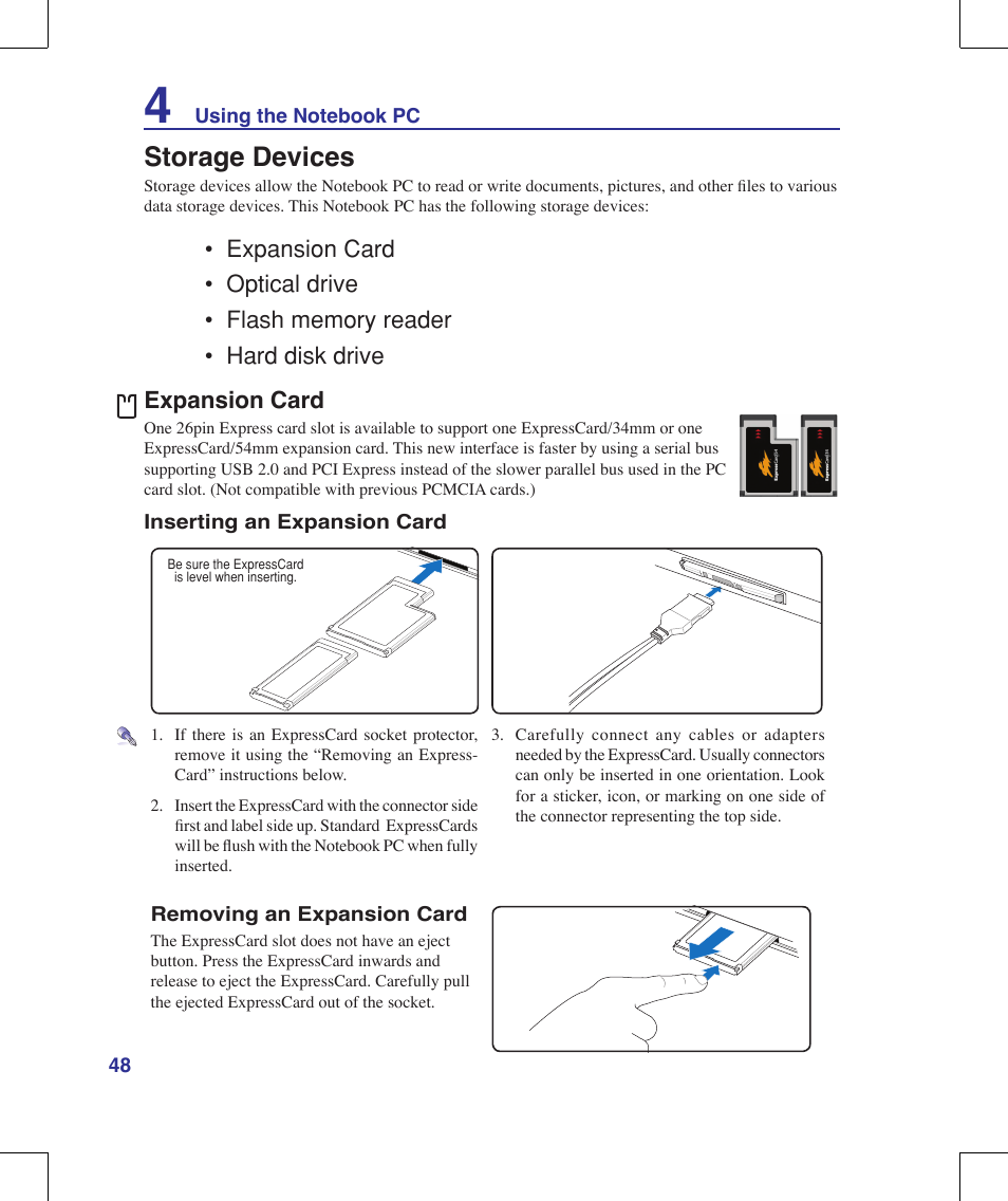 Storage devices, Expansion card | Asus G71V User Manual | Page 48 / 97
