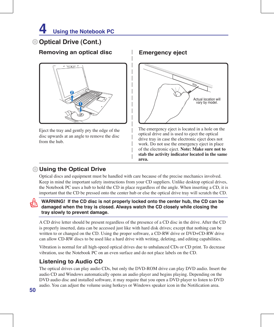 Optical drive (cont.) | Asus G71V User Manual | Page 50 / 97
