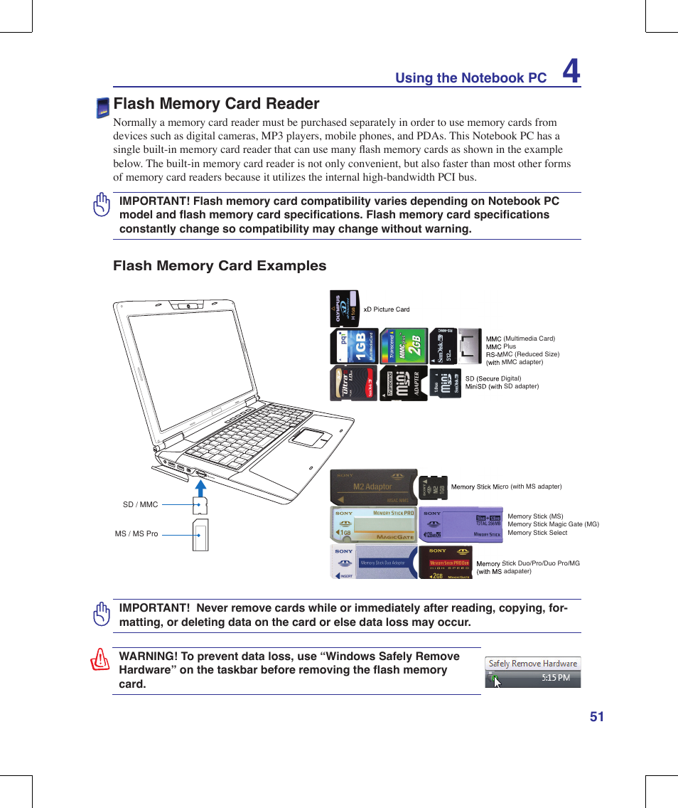 Flash memory card reader | Asus G71V User Manual | Page 51 / 97