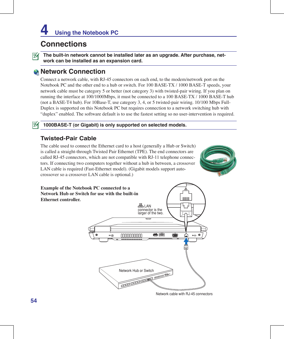 Connections, Network connection | Asus G71V User Manual | Page 54 / 97