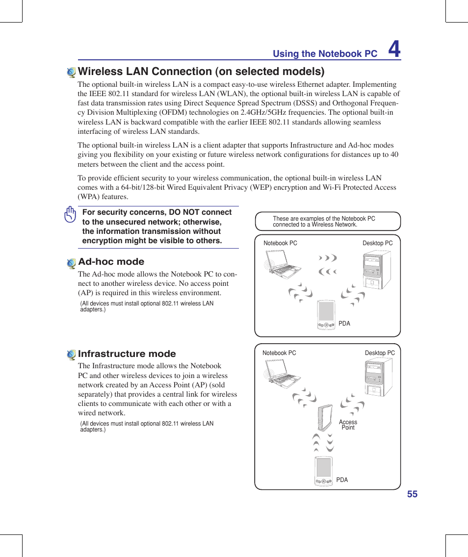 Wireless lan connection (on selected models) | Asus G71V User Manual | Page 55 / 97
