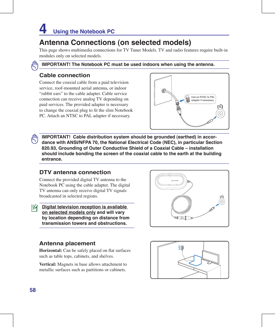 Antenna connections (on selected models) | Asus G71V User Manual | Page 58 / 97