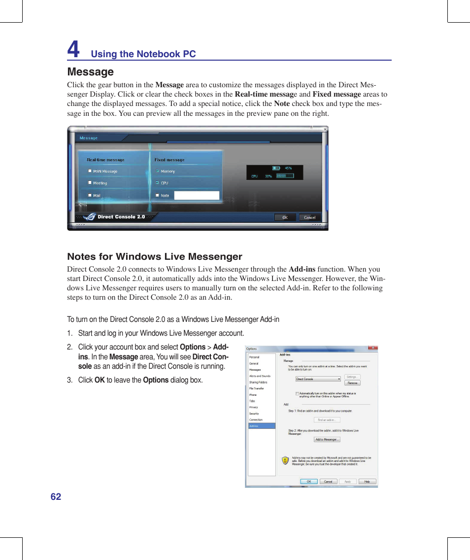 Message | Asus G71V User Manual | Page 62 / 97