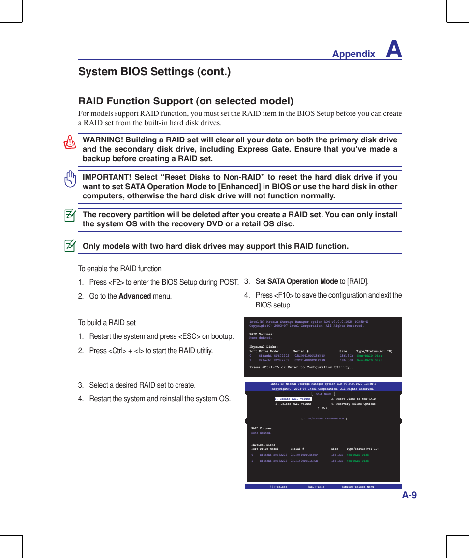 System bios settings (cont.), Appendix, Raid function support (on selected model) | Asus G71V User Manual | Page 73 / 97