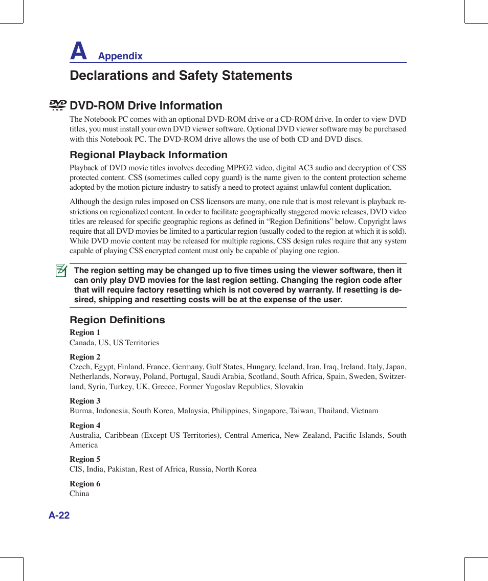 Declarations and safety statements, Dvd-rom drive information | Asus G71V User Manual | Page 86 / 97