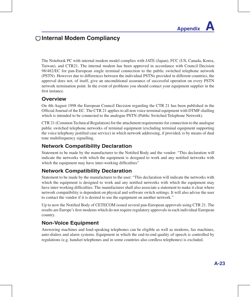 Internal modem compliancy | Asus G71V User Manual | Page 87 / 97