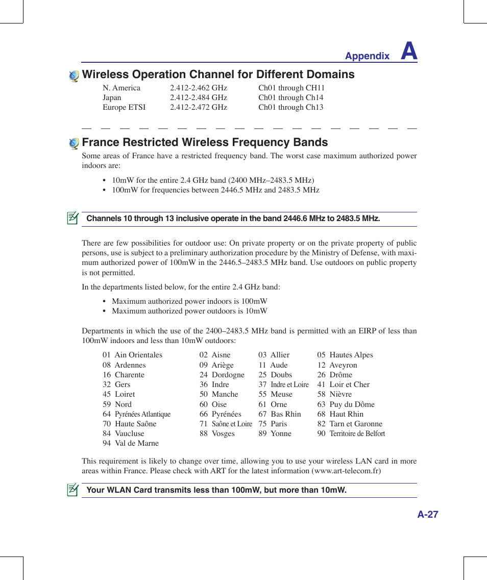 France restricted wireless frequency bands, Wireless operation channel for different domains | Asus G71V User Manual | Page 91 / 97