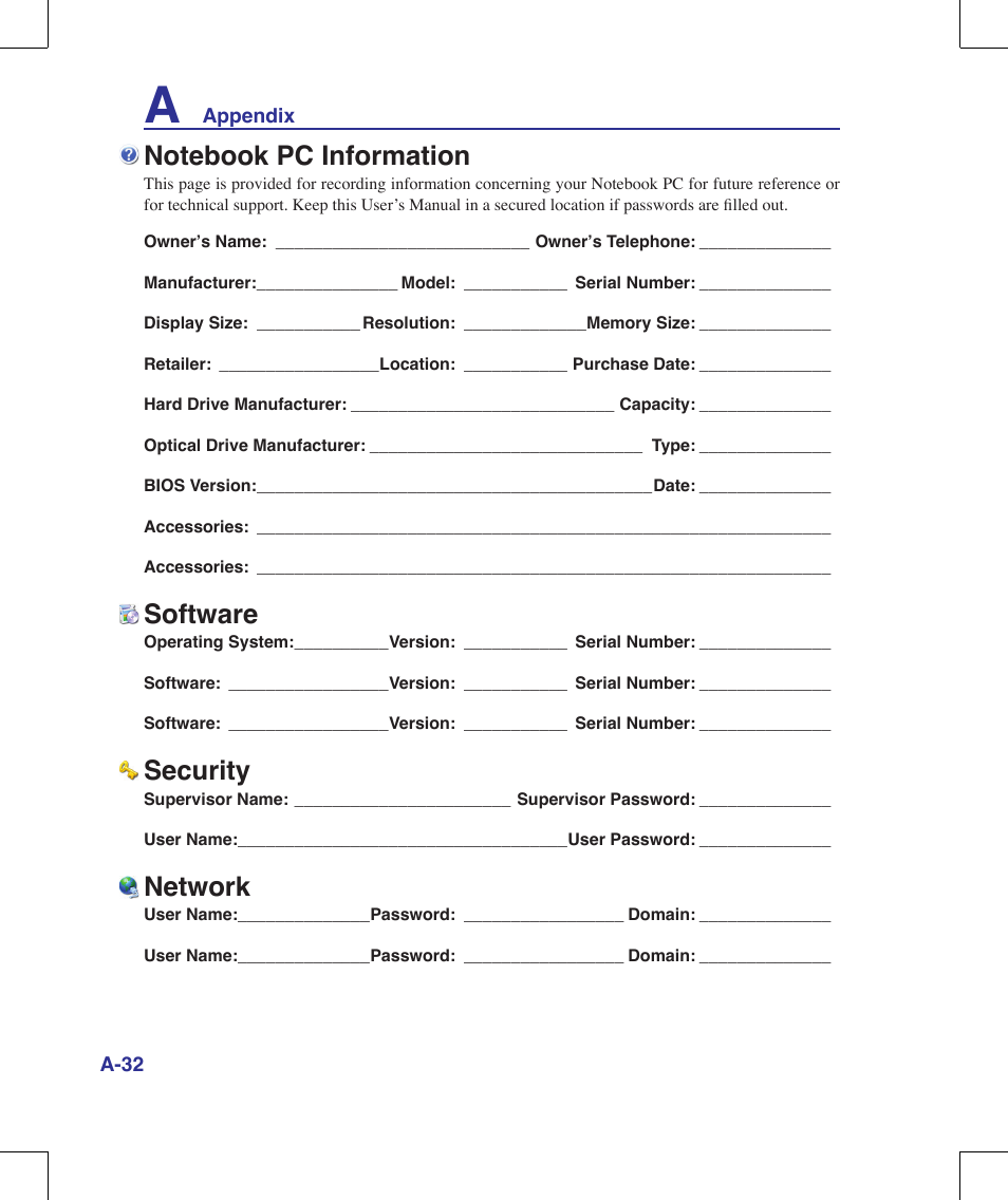 Notebook pc information, Software, Security | Network | Asus G71V User Manual | Page 96 / 97