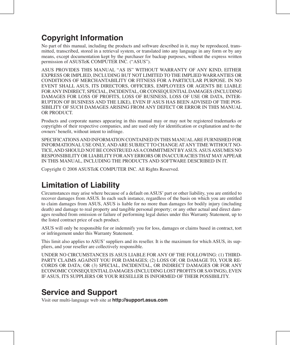 Copyright information, Limitation of liability, Service and support | Asus G71V User Manual | Page 97 / 97
