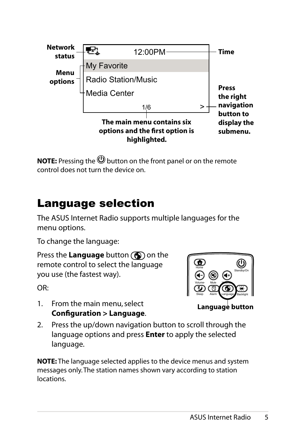 Language selection, 00pm my favorite radio station/music media center, Language.button | Asus AIR User Manual | Page 13 / 24