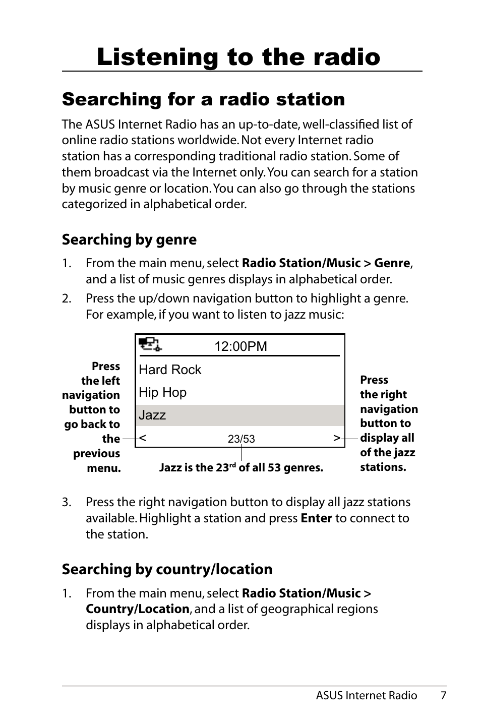 Listening to the radio, Searching for a radio station, Searching by genre | Searching by country/location, Listening.to.the.radio, Searching by genre searching by country/location, Searching.by.genre, Searching.by.country�location | Asus AIR User Manual | Page 15 / 24