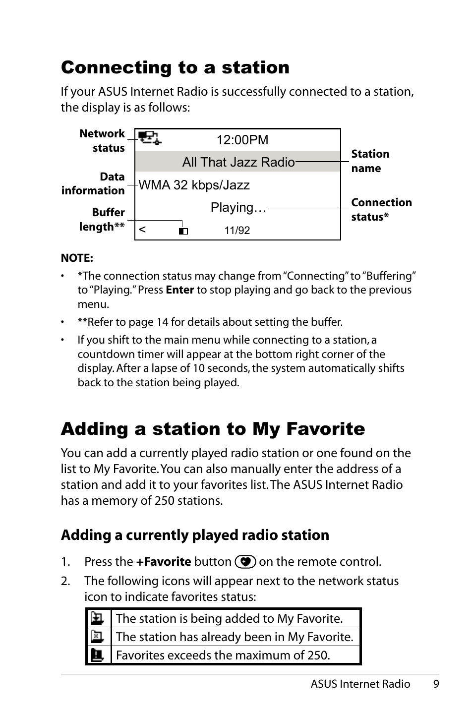 Connecting to a station, Adding a station to my favorite, Adding a currently played radio station | Adding.a.currently.played.radio.station | Asus AIR User Manual | Page 17 / 24