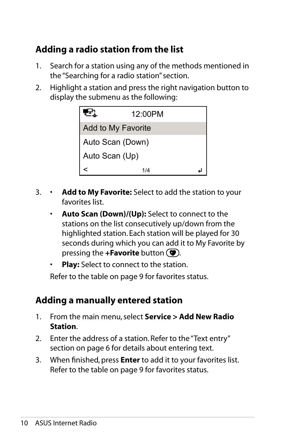 Adding a radio station from the list, Adding a manually entered station, Adding.a.radio.station.from.the.list | Adding.a.manually.entered.station | Asus AIR User Manual | Page 18 / 24