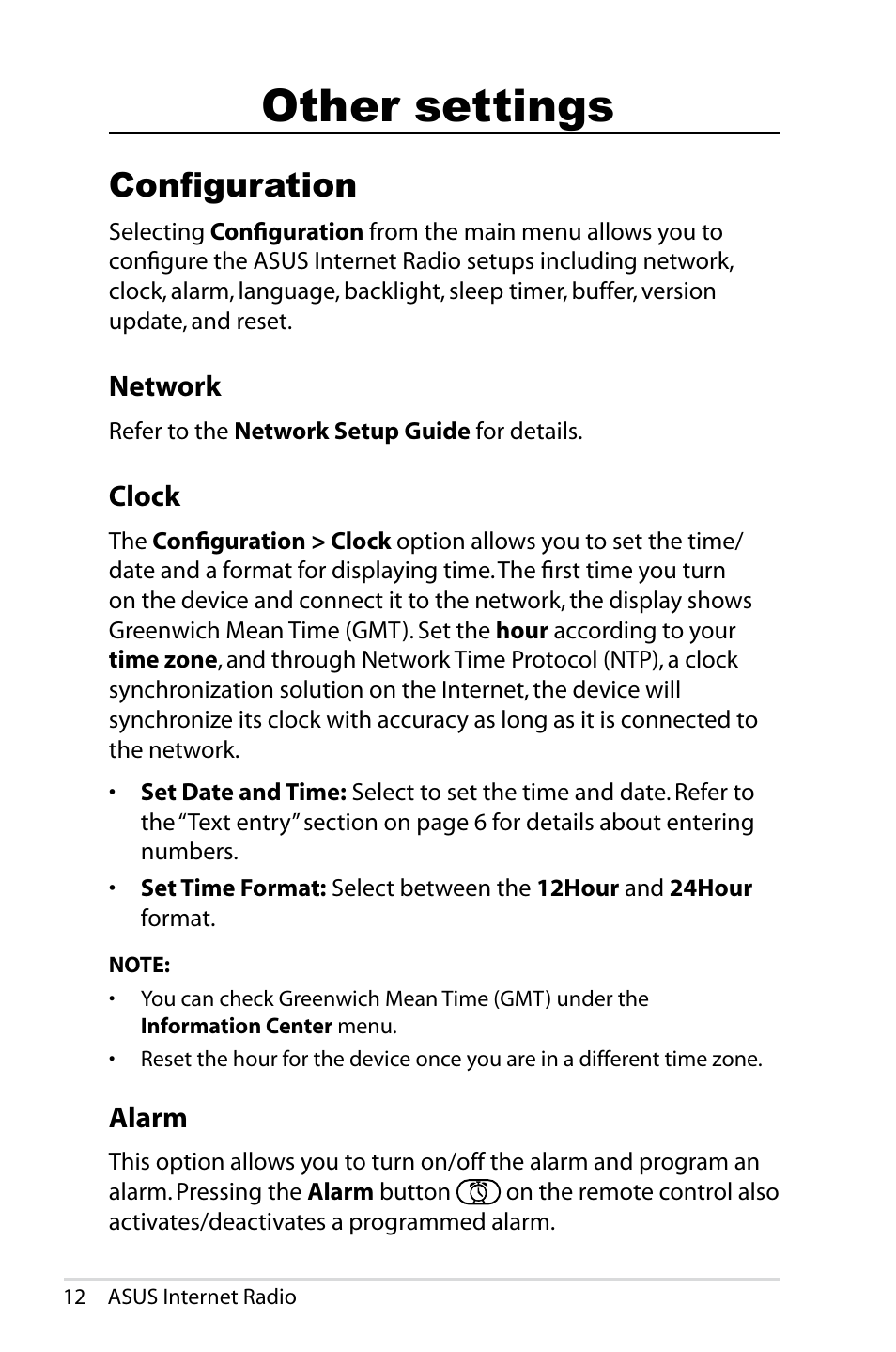 Other settings, Configuration, Network | Clock, Alarm, Other.settings, Network clock | Asus AIR User Manual | Page 20 / 24