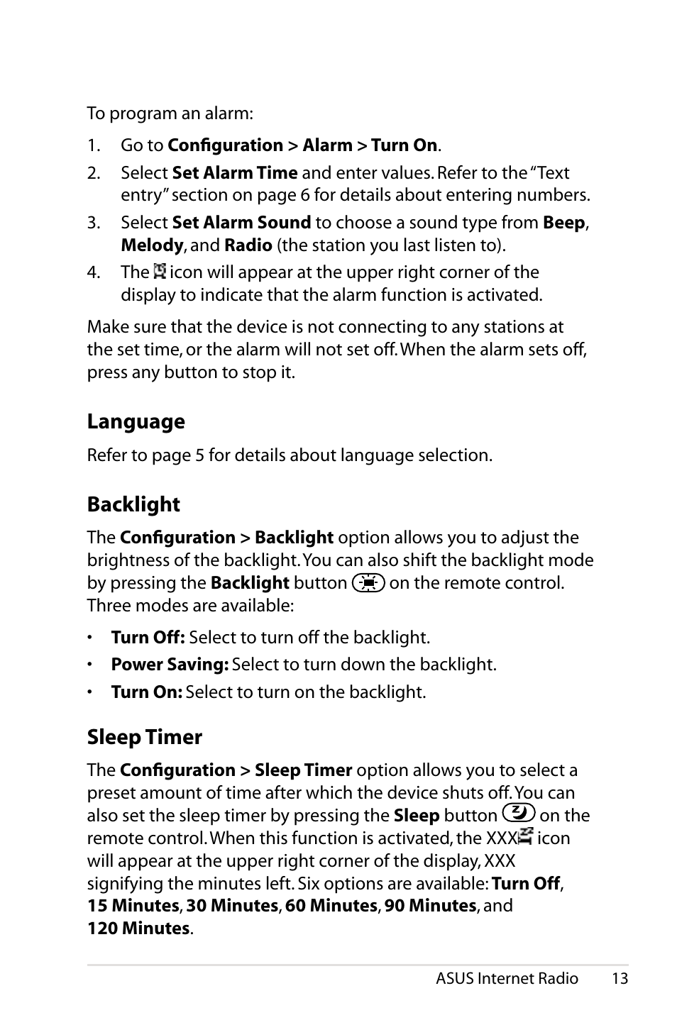 Language, Backlight, Sleep timer | Language backlight sleep timer, Bac�light, Sleep.timer | Asus AIR User Manual | Page 21 / 24