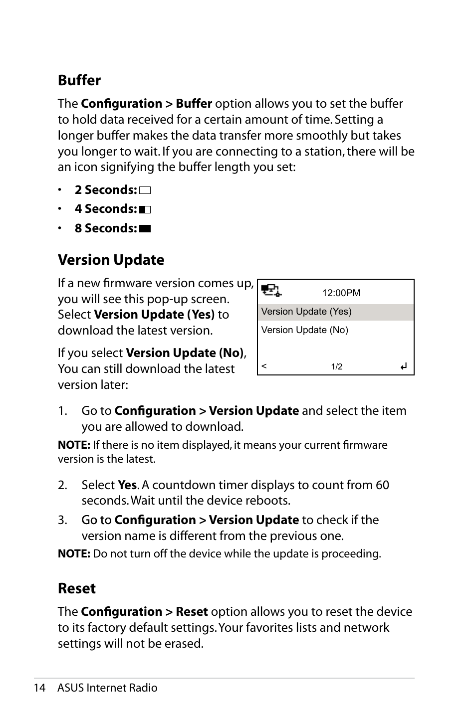 Buffer, Version update, Reset | Buffer version update reset, Ersion.update | Asus AIR User Manual | Page 22 / 24