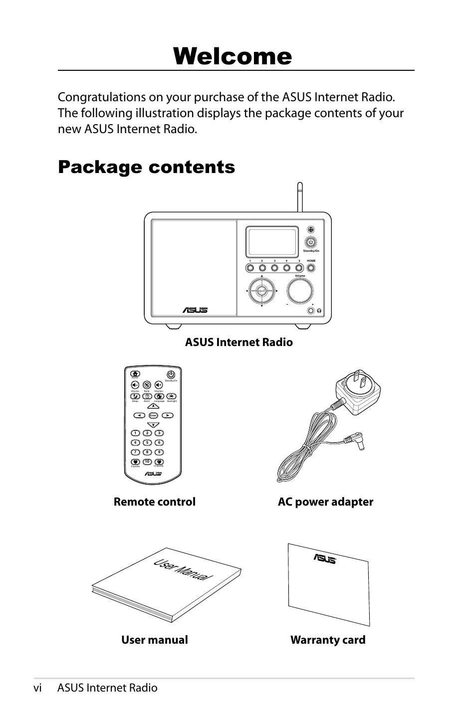 Welcome, Package contents, User manual | Vi asus internet radio | Asus AIR User Manual | Page 6 / 24