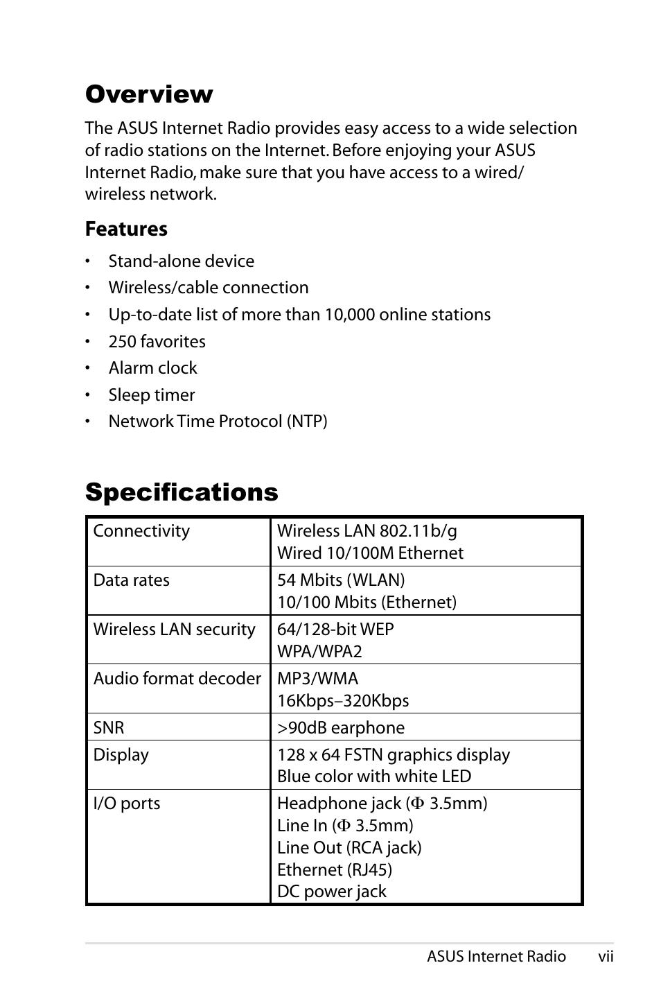 Overview, Specifications, Features | Asus AIR User Manual | Page 7 / 24