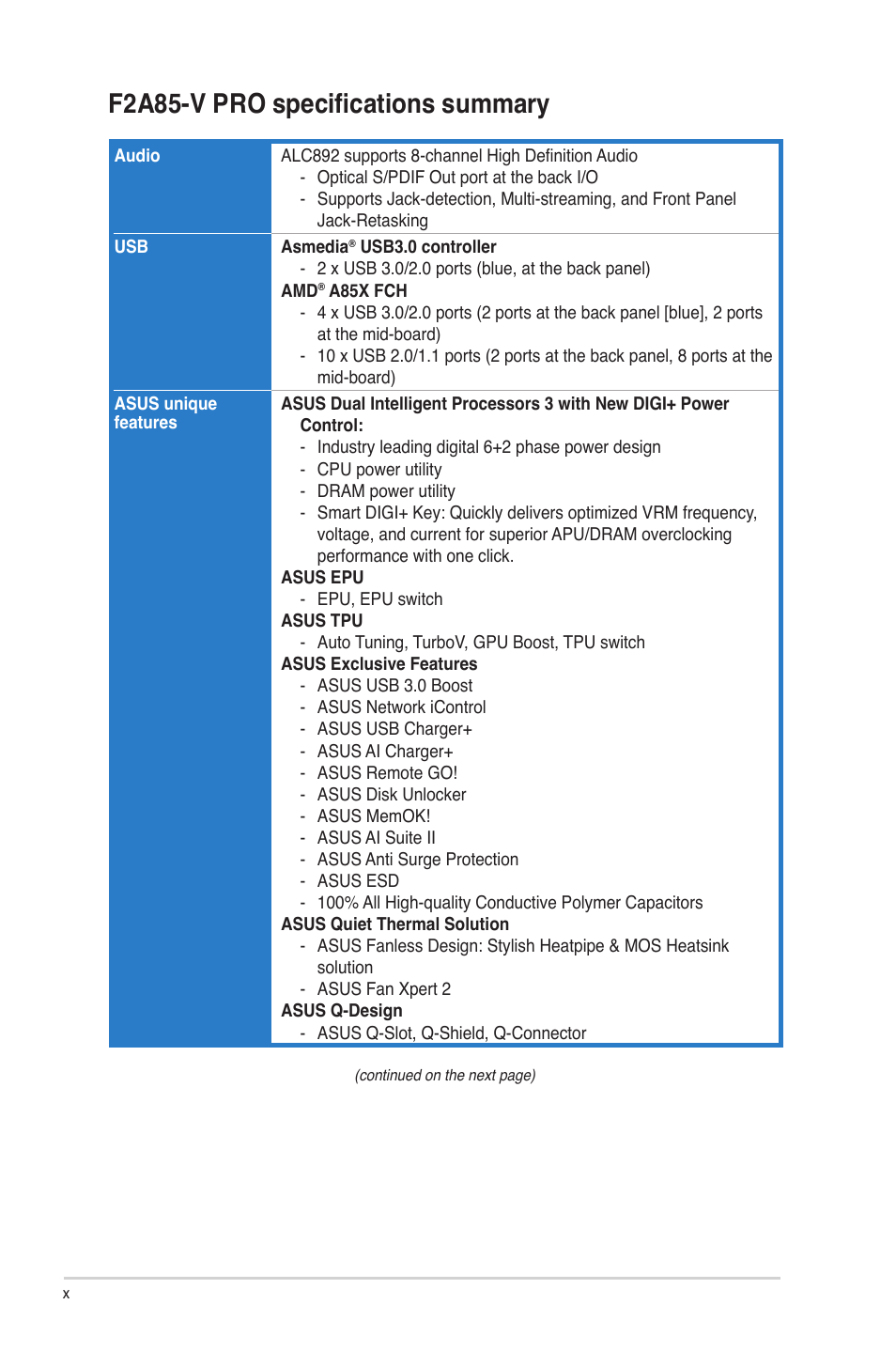 F2a85-v pro specifications summary | Asus F2A85-V PRO User Manual | Page 10 / 172