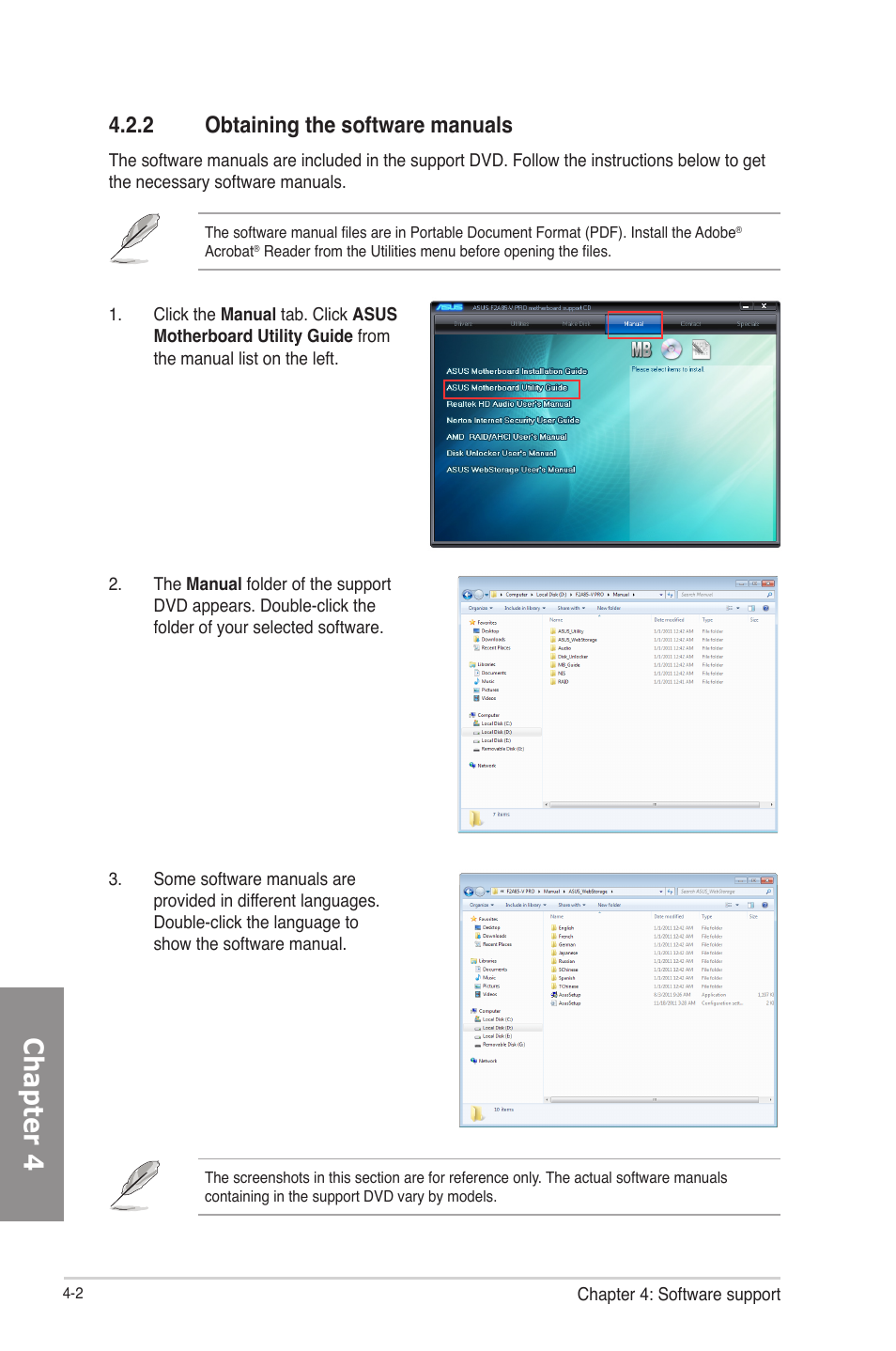 2 obtaining the software manuals, Obtaining the software manuals -2, Chapter 4 | Asus F2A85-V PRO User Manual | Page 106 / 172