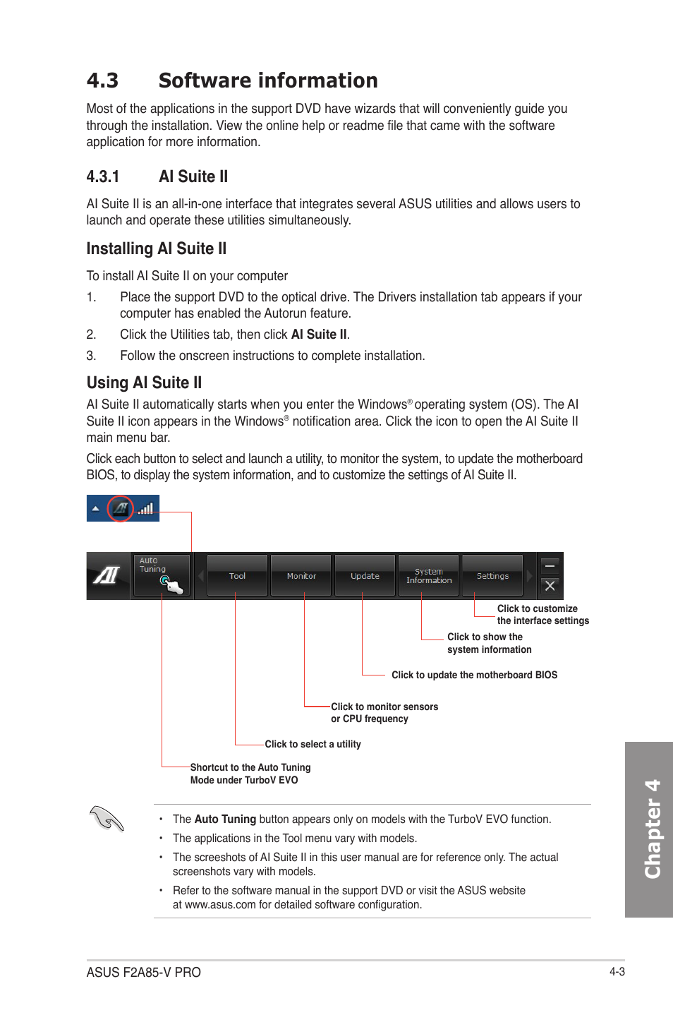 3 software information, 1 ai suite ii, Software information -3 4.3.1 | Ai suite ii -3, Chapter 4 4.3 software information, Installing ai suite ii, Using ai suite ii | Asus F2A85-V PRO User Manual | Page 107 / 172