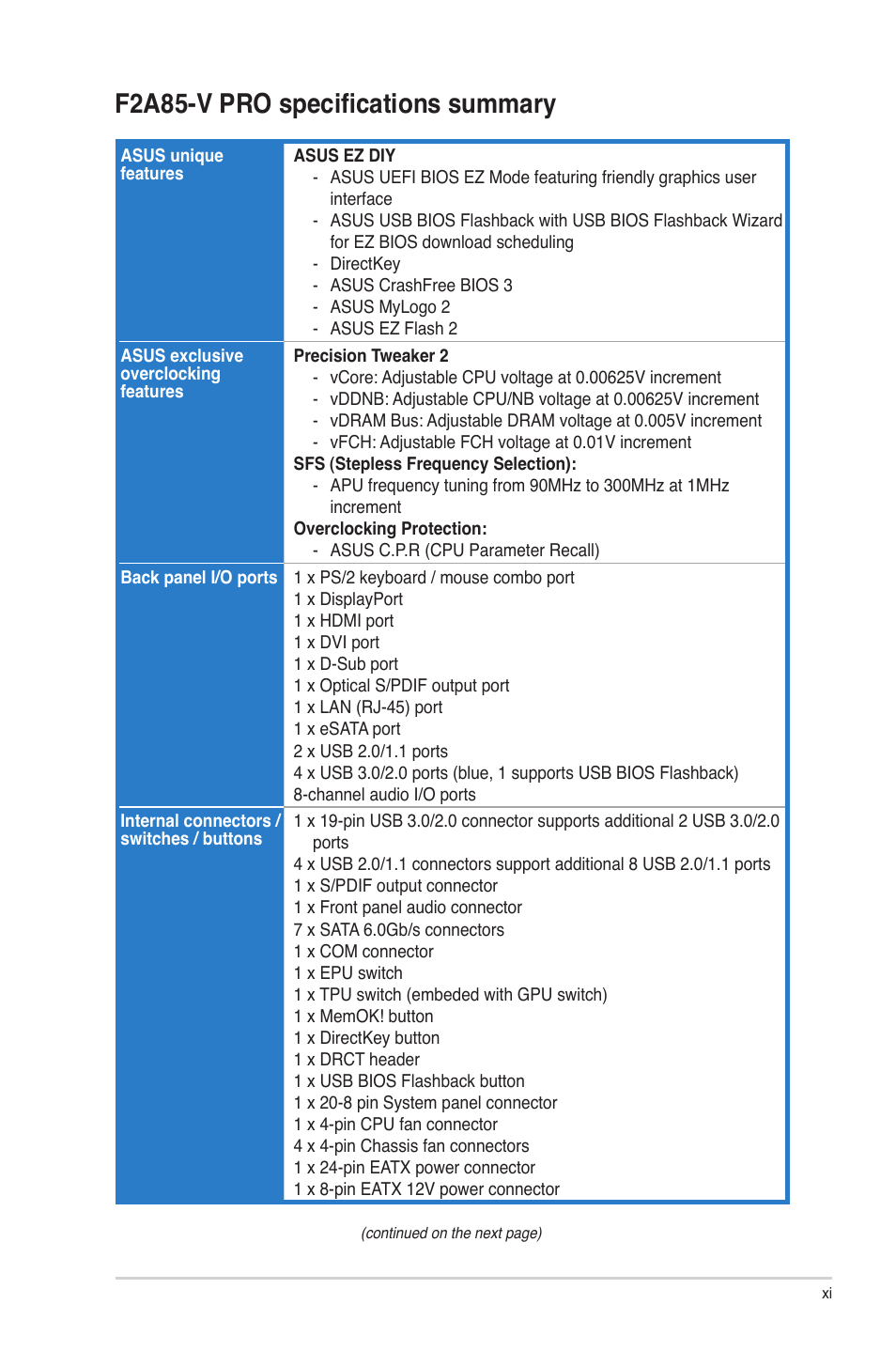 F2a85-v pro specifications summary | Asus F2A85-V PRO User Manual | Page 11 / 172