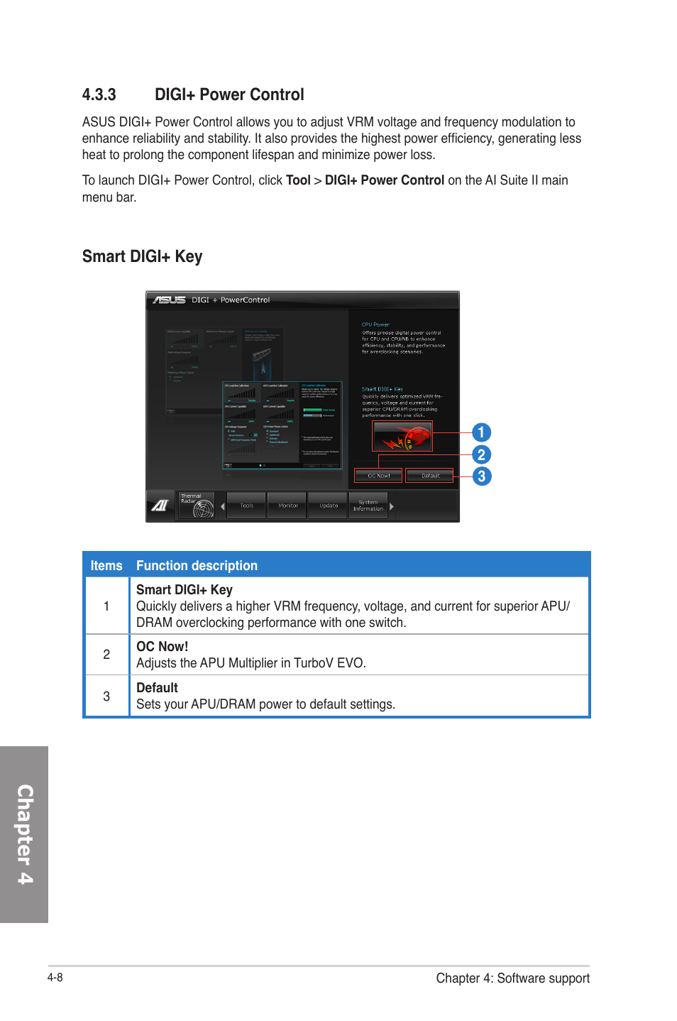 3 digi+ power control, Digi+ power control -8, Chapter 4 | Smart digi+ key | Asus F2A85-V PRO User Manual | Page 112 / 172