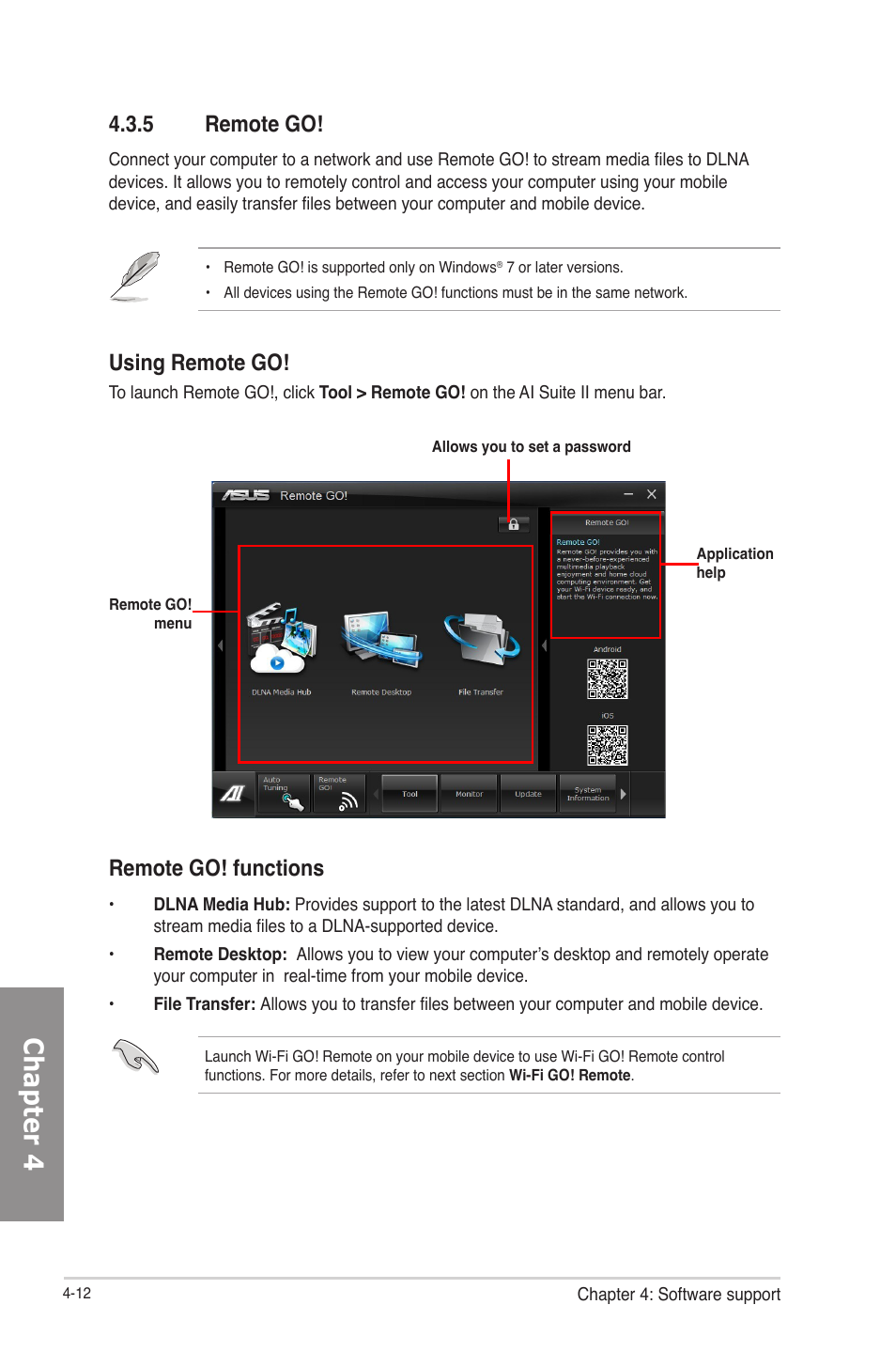 5 remote go, Remote go! -12, Chapter 4 | Using remote go, Remote go! functions | Asus F2A85-V PRO User Manual | Page 116 / 172