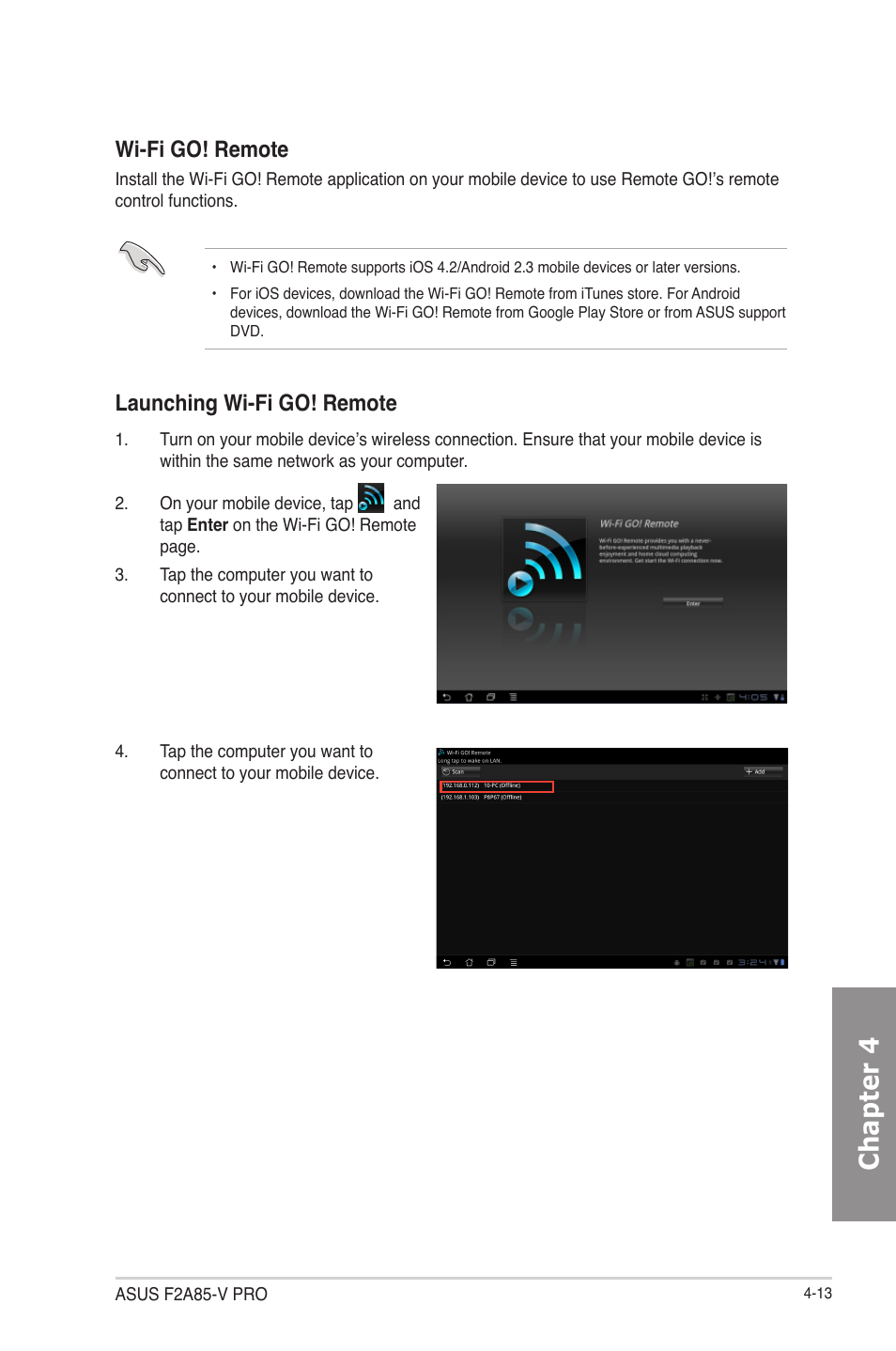 Chapter 4, Wi-fi go! remote, Launching wi-fi go! remote | Asus F2A85-V PRO User Manual | Page 117 / 172