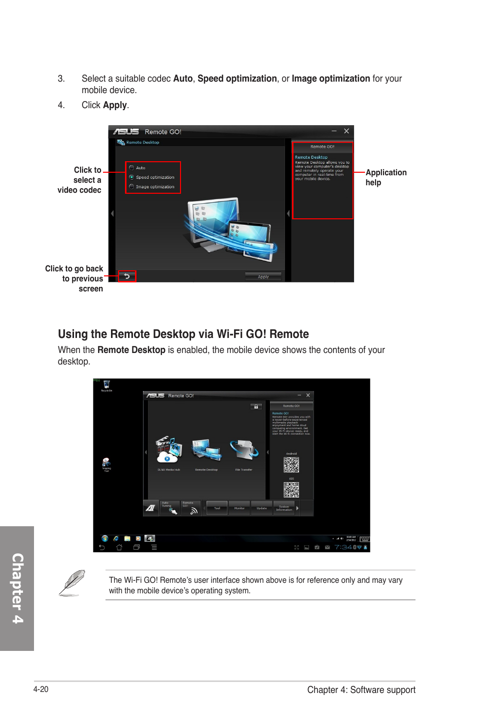Chapter 4, Using the remote desktop via wi-fi go! remote | Asus F2A85-V PRO User Manual | Page 124 / 172