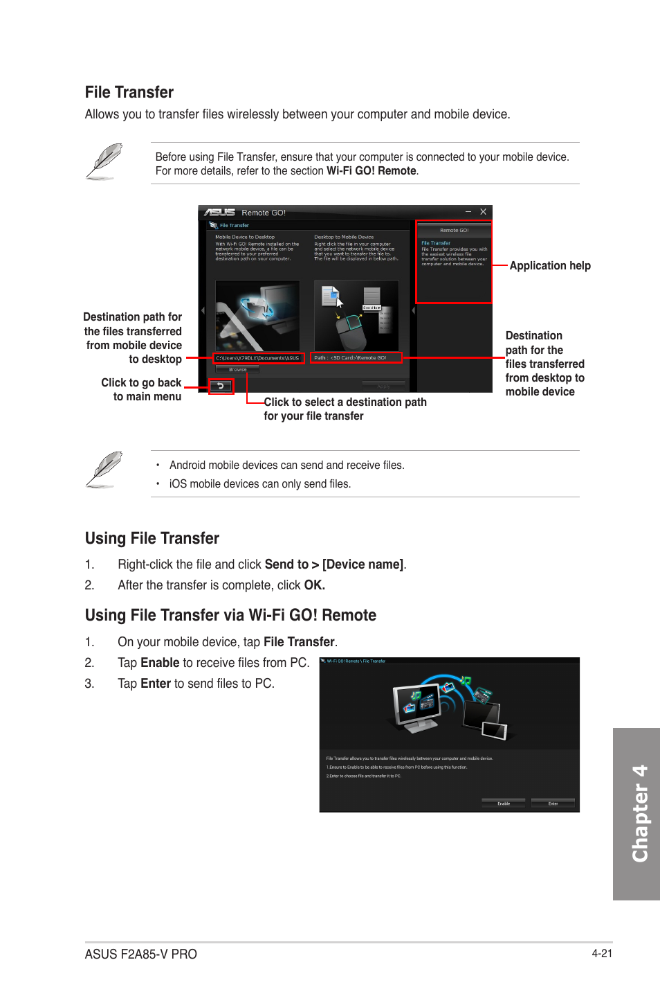 Chapter 4, File transfer, Using file transfer via wi-fi go! remote | Using file transfer | Asus F2A85-V PRO User Manual | Page 125 / 172