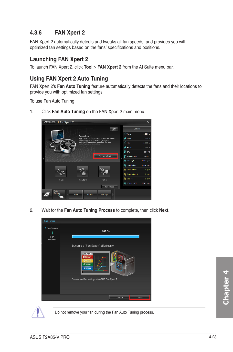 6 fan xpert 2, Fan xpert 2 -23, Chapter 4 | Launching fan xpert 2, Using fan xpert 2 auto tuning | Asus F2A85-V PRO User Manual | Page 127 / 172